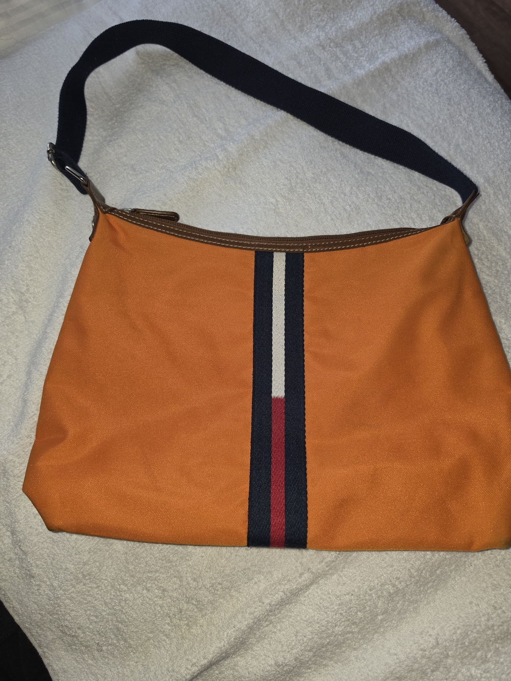 Tommy Hilfiger Orange Canvas Shoulder Bag with Navy and Red Stripe
